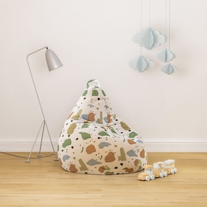 Terrazzo Bean Bag Chair Pouf Cover Kids Khaki Brown Green Blue Stones Toddler Boy Nursery Teen Bedroom Playroom Natural Fabric Eco Printing