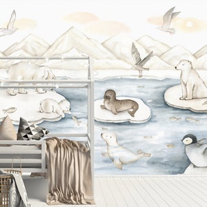 White Polar Bear Family Wallpaper for Nursery, Arctic Animals Wallpaper, Removable Mountain Watercolor Wallpaper Peel and Stick Kid's room