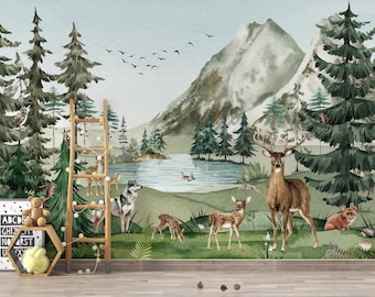 Woodland Nursery Wallpaper Peel and Stick, landscape Baby Room Wallpaper with Forest Animal Removable, Neutral Kids Room Decor