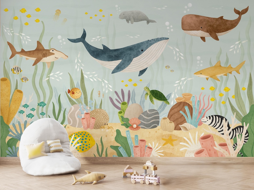 Ocean Wall Mural Nursery Under the Sea Wallpaper, Whale and Sea Animals ...