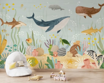Ocean Wall Mural Nursery Under the Sea Wallpaper, Whale and Sea Animals Wall Decor Kids Playroom Wallpaper Whale Turtle Shark Stingray