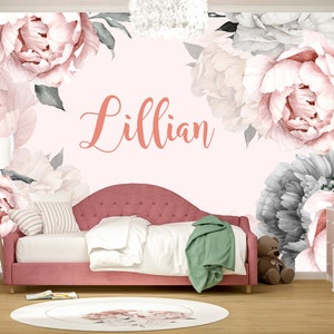 Personalized Peony Wallpaper Baby Girl Nursery Custom Name Wall Mural Peel and Stick Toddler Bedroom Fabric Wallpaper with Peonies Flower