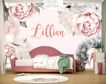 Personalized Peony Wallpaper Baby Girl Nursery Custom Name Wall Mural Peel and Stick Toddler Bedroom Fabric Wallpaper with Peonies Flower