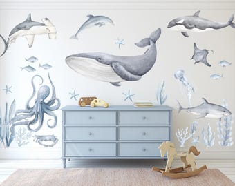 Ozean Wandtattoos, Kinderzimmer Wandtattoos Unter dem Meer, Aquarell Wal Orca Hai Delfin Oktopus Seestern Algen, schälen und aufkleben Kein PVC