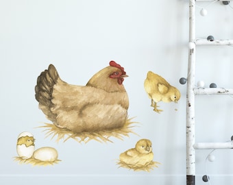 Gallina con pulcini Decalcomanie da muro per bambini, Set di decalcomanie per animali da fattoria per la cameretta dei bambini, Adesivi per camera da letto per bambina e ragazzo, Peel and Stick, Decalcomania di pollo dell'acquerello