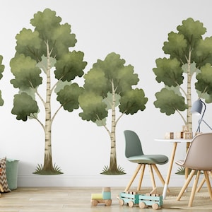 Birch Tree Decal Woodland Nursery, Watercolor Forest Wall Decal, Nursery Wall Decal Peel and Stick, Wall Stickers Kids Room Removable