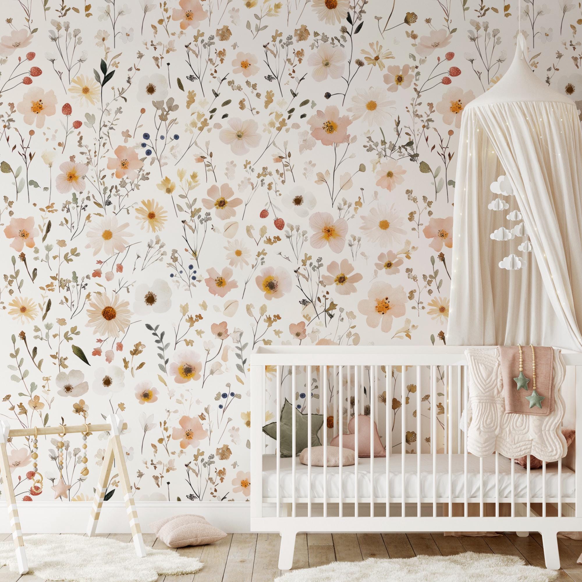 Boho Wildflower Wallpaper Baby Girl Nursery, Pastel Floral Wall Paper ...