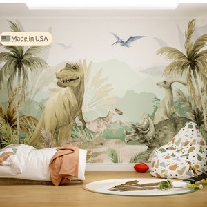 Large T-Rex Wallpaper Peel & Stick, Jurassic World Wallpaper Kids, Custom Dinosaur Wall Mural Boy Bedroom, Teen Boy Room Wallpaper Green