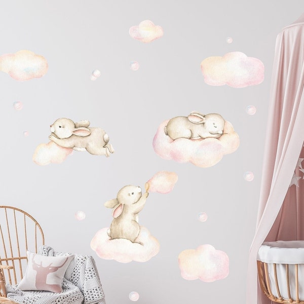 Wall Decal Pastel Bunnies and Clouds, Watercolor Cute Rabbits on the Sky Baby Girl Nursery, Easter Themed Removable Sticker Playroom