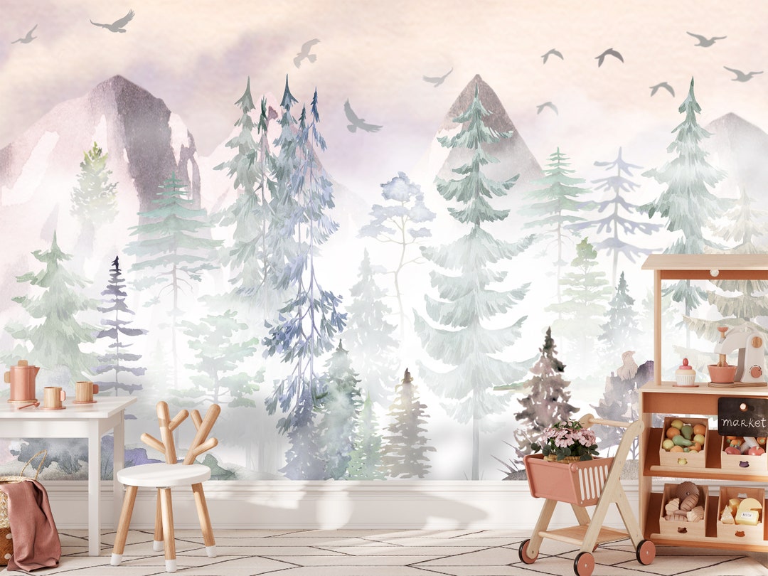 Mountain Wallpaper Peel and Stick, Foggy Forest Wall Mural Playroom ...