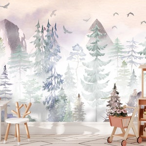 Mountain Wallpaper Peel and Stick, Foggy Forest Wall Mural Playroom, Watercolor Wildlife Trees and Birds, Nature Wallpaper Baby Nursery
