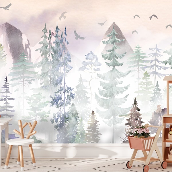 Mountain Wallpaper Peel and Stick, Foggy Forest Wall Mural Playroom, Watercolor Wildlife Trees and Birds, Nature Wallpaper Baby Nursery