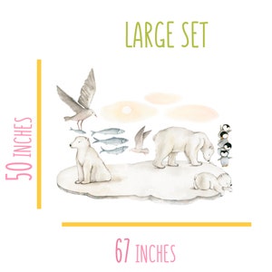 May include: A large set of polar bear and penguin watercolor illustrations. The set includes two polar bears, five penguins, a seagull, and fish. The illustrations are on a white background with a light blue and pink watercolor wash. The set is 67 inches wide and 50 inches tall.  LARGE SET