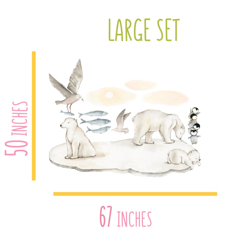 May include: A large set of polar bear and penguin watercolor illustrations. The set includes two polar bears, five penguins, a seagull, and fish. The illustrations are on a white background with a light blue and pink watercolor wash. The set is 67 inches wide and 50 inches tall.  LARGE SET