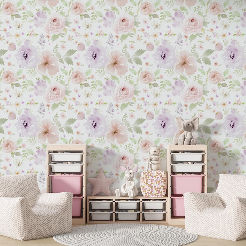 Boho Floral Wallpaper Girl Nursery Decor, Pastel Peonies Wallpaper Peel ...