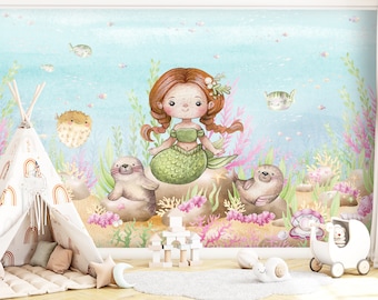 Sea Life Baby Girl Wallpaper for Playroom, Mermaid Seals Large Eco Wall Mural, Underwater Cute Wall Mural Toddler Pastel Girl Room