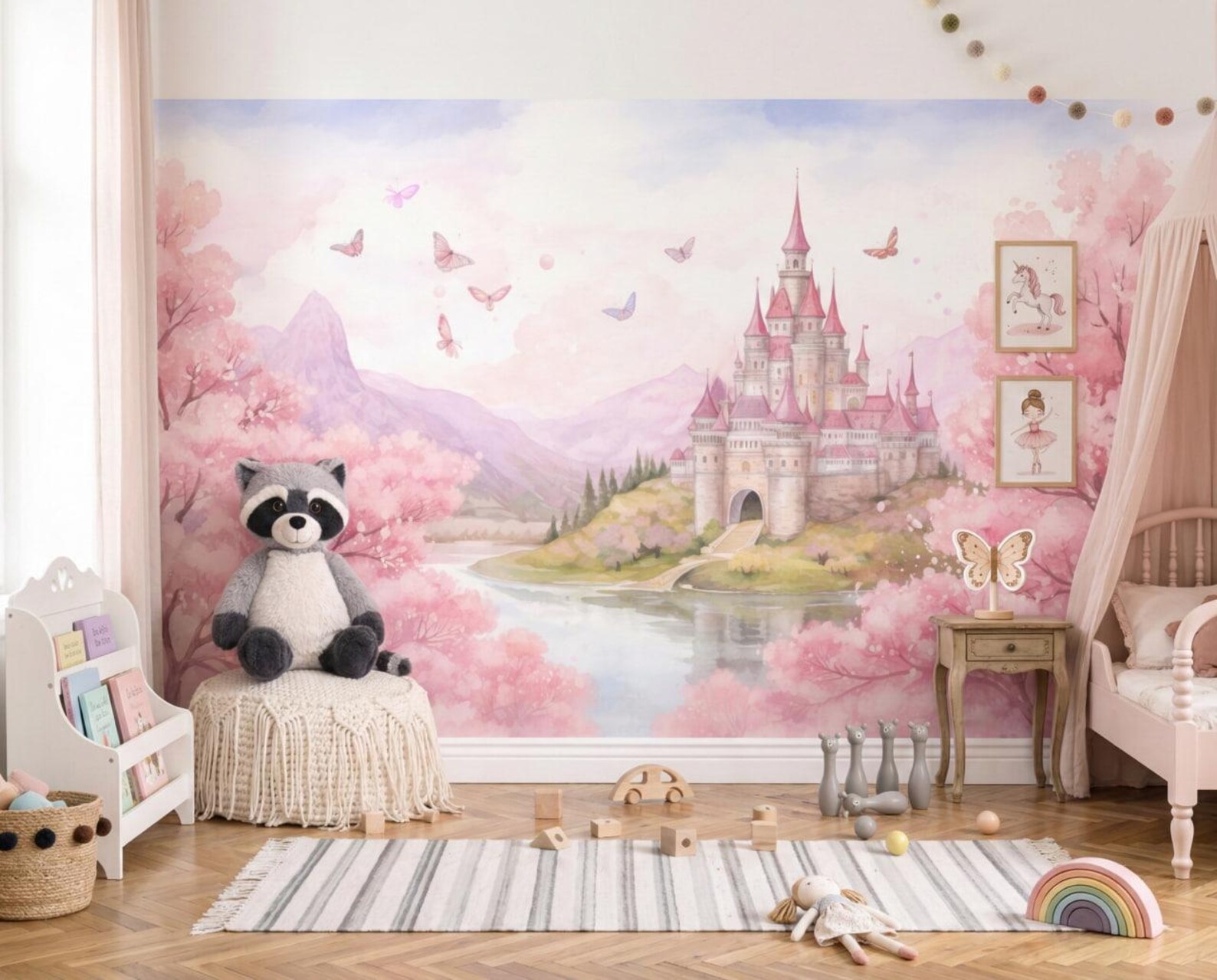 Princess Castle Wallpaper Mural for Baby Girl Nursery, Pink Fairy Tale ...