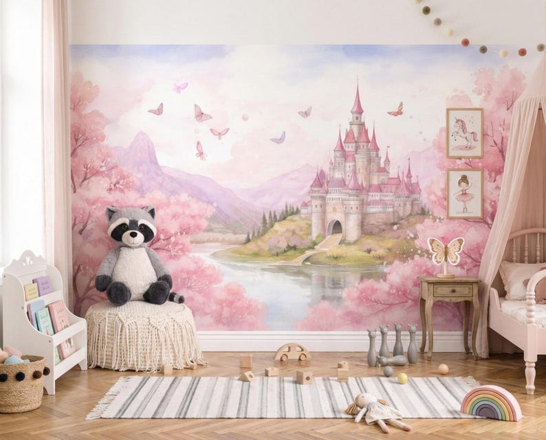 Princess Castle Wallpaper Mural for Baby Girl Nursery, Pink Fairy Tale ...