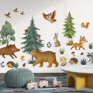 Woodland Wall Decal for Nursery Decor, Forest Animals and Trees Nursery Wall Stickers, Bear Fox Rabbit Raccoon Hedgehog Nursery Wall Decals