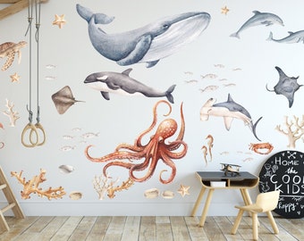 Under the Sea Animals Large Decals Kids Room, Watercolor Handdrawn Nautical Wall Stickers Ocean themed Playroom, Unique Eco Coastal Decals