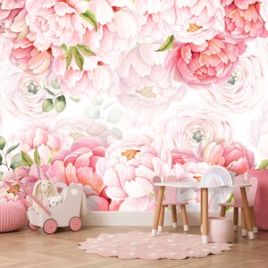 Pink Peony Wallpaper Baby Girl Nursery Floral Wall Mural Peel and Stick Toddler Bedroom Fabric Wallpaper Roll Watercolor Peony Flowers Decor