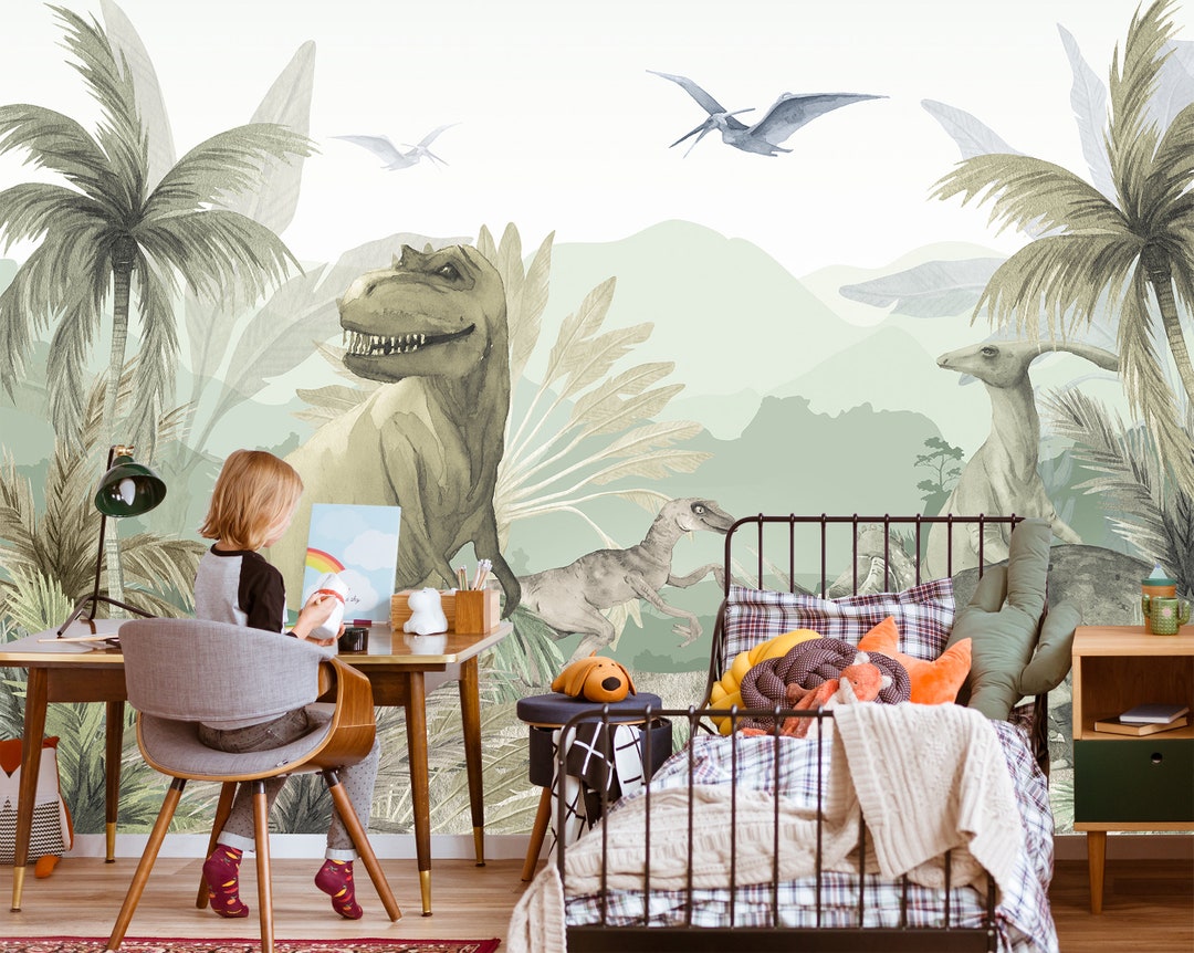Buy Dinosaur Wallpaper Kids Bedroom, T-rex Green Wall Mural Boy ...
