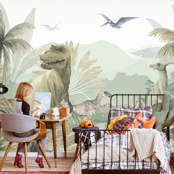 Dinosaur Wallpaper Kids Bedroom, T-Rex Green Wall Mural Boy Playroom, Jurassic Wallpaper Toddler Room, Educational Wall Paper Kids Room