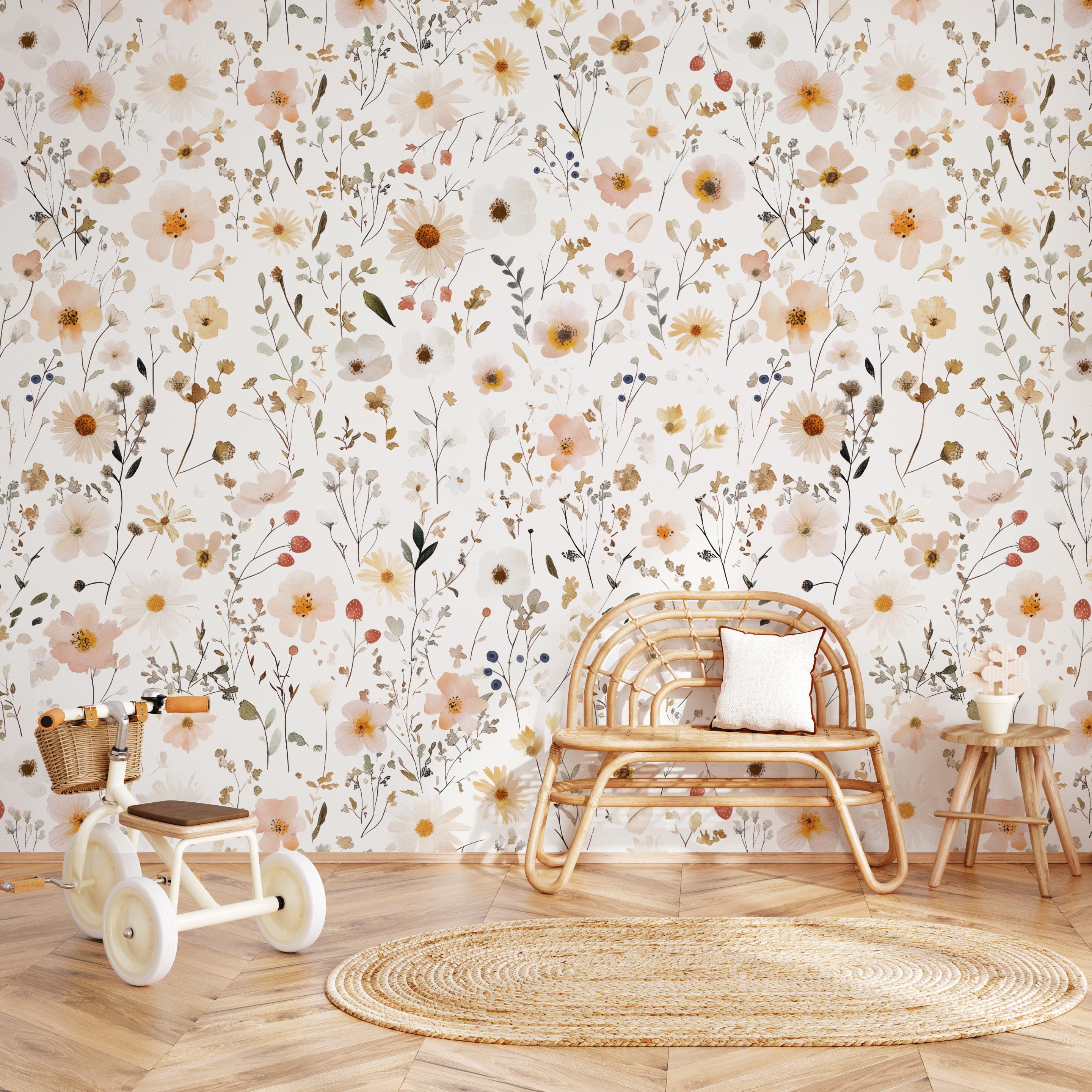 Boho Wildflower Wallpaper Baby Girl Nursery, Pastel Floral Wall Paper ...