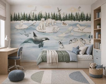 Polar Bear Wallpaper Arctic Nursery Decor, Artic Animal Mural Wallpaper Kids Room, Arctic Ocean Wallpaper, Woodland Nursery