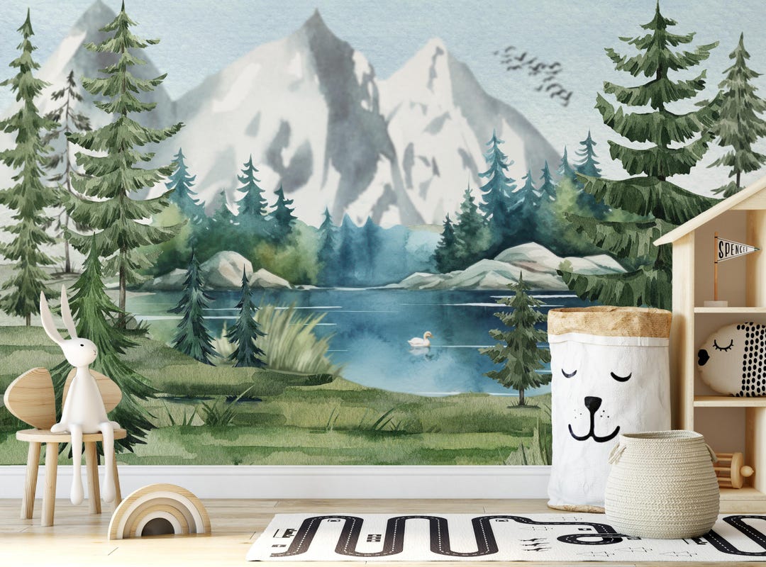 Kids Wallpaper Mountain and Trees Wall Mural Peel and Stick, Watercolor ...