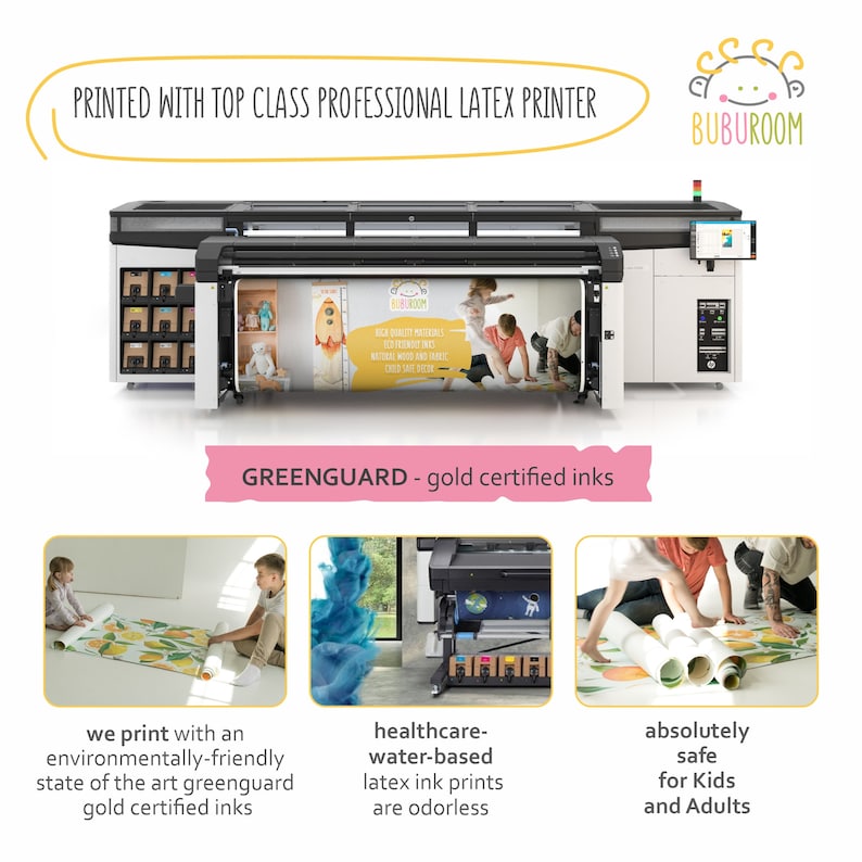 May include: A large format latex printer with a roll of printed material featuring a colorful design with the text "BUBUROOM" and "HIGH QUALITY MATERIAL, ECO-FRIENDLY INKS, TEXTURE SOFT AND SAFE FOR KIDS AND ADULTS". The printer is labeled "GREENGUARD - gold certified inks". Three images show children playing on printed floor mats with the text "we print with an environmentally-friendly state of the art greenguard gold certified inks", "healthcare-water-based latex ink prints are odorless", and "absolutely safe for Kids and Adults".