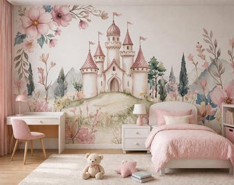 Princess Castle Wallpaper Baby Girl Nursery, Fairytale Nursery Wallpaper Peel and Stick NO PVC, Pink Floral Nursery Wall Mural Girls Room