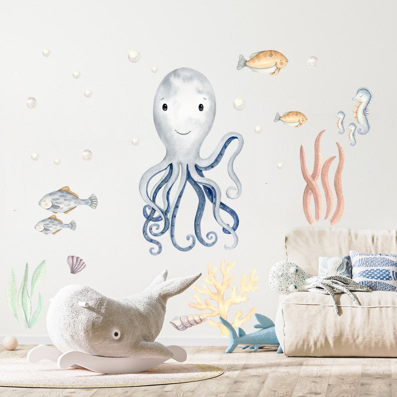 Under the Sea Nursery Wall Decal / Watercolor Octopus Decal Etsy