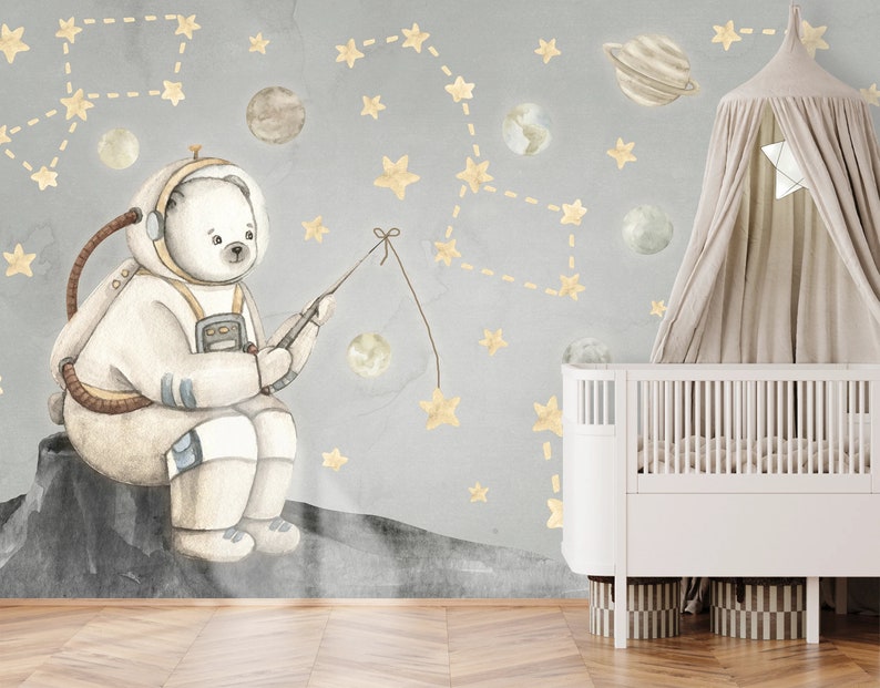 Buy Neutral Space Wallpaper Nursery, Beige Astronaut Constellation Wall