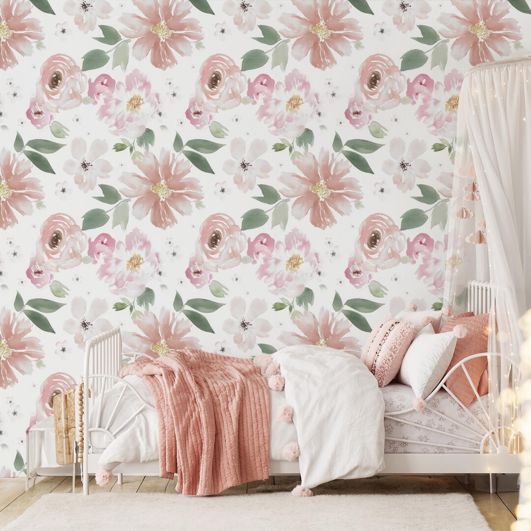 Boho Floral Wallpaper Peel and Stick Pink Peony Wall Mural for Girl ...