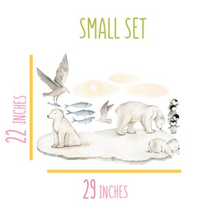 May include: A watercolor illustration of a small set of arctic animal wall decals. The set includes two polar bears, a seagull, five fish, and three penguins. The decals are 22 inches tall and 29 inches wide. The set is perfect for adding a touch of whimsy to any child's room.