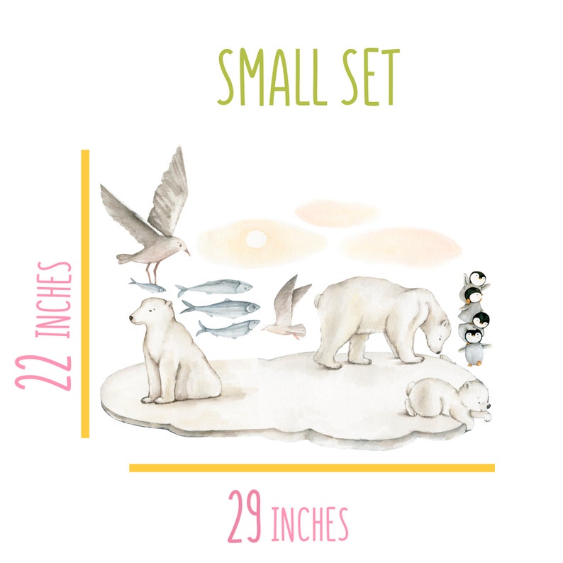 May include: A watercolor illustration of a small set of arctic animal wall decals. The set includes two polar bears, a seagull, five fish, and three penguins. The decals are 22 inches tall and 29 inches wide. The set is perfect for adding a touch of whimsy to any child's room.