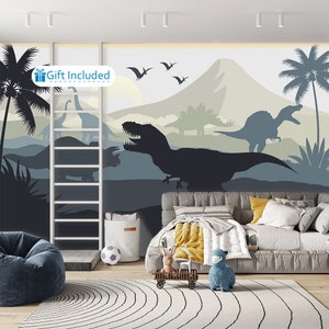Dinosaur Wallpaper Peel and Stick Jurassic World Dinosaur Wall Mural Dark Blue Beige Removable Wallpaper for Boys T Rex Wallpaper Kids Room