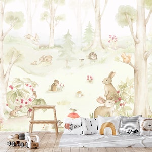 Forest Wallpaper Toddler Room, Watercolor Woodland Animals Cartoon-styled Nursery, Pastel Summer Forest Wall Mural Neutral Playroom