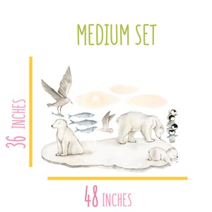 May include: A watercolor illustration of a polar bear family on a white ice floe. The set includes two polar bears, a seagull, five penguins, and five fish. The illustration is 48 inches wide and 36 inches tall. The text "MEDIUM SET" is written in green at the top of the image.