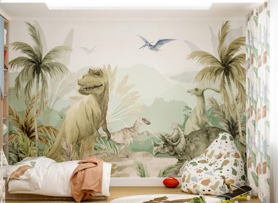 Dinosaur Wallpaper Mural Boys Room Decor, Dinosaur Nursery Decor with T-Rex Wallpaper Peel and Stick, Nursery Jurassic Park