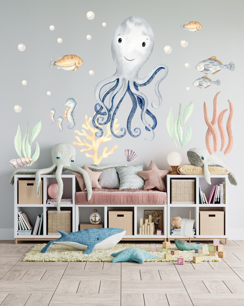 Under the Sea Nursery Wall Decal / Watercolor Octopus Decal Etsy