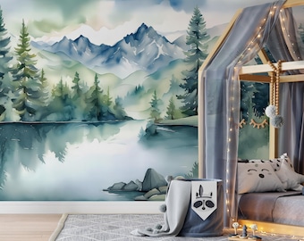Woodland Nursery Wallpaper Peel and Stick, Landscape Wallpaper Mural Kids Room Decor, Forest and Mountain Wallpaper Removable