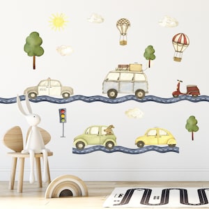 Decal Set Cars Vehicles Hot Air Balloons Trees and Road Adventure Cartoon styled Watercolor Baby Boy Kids Bedroom Wall Stickers Wall Eco