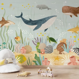 Ocean Wall Mural Nursery Under the Sea Wallpaper, Whale and Sea Animals Wall Decor Kids Playroom Wallpaper Whale Turtle Shark Stingray