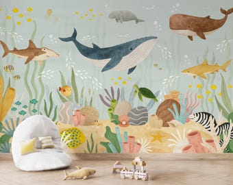 Ocean Wall Mural Nursery Under the Sea Wallpaper, Whale and Sea Animals Wall Decor Kids Playroom Wallpaper Whale Turtle Shark Stingray