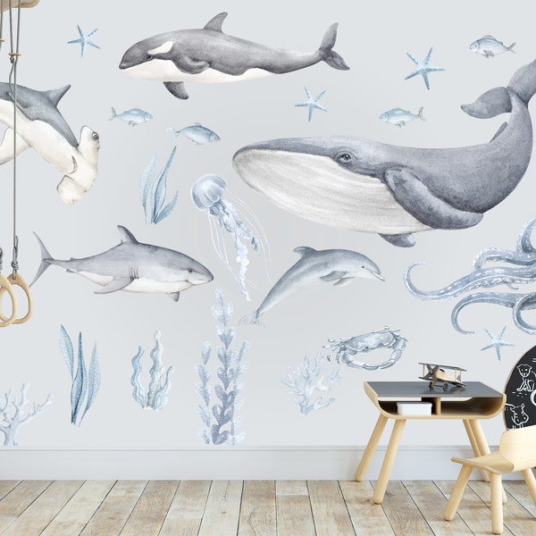 Ocean Animals Hand-drawn Blue Decal Toddler Boy Pastel Playroom, Cute Watercolor Whale Orca Shark Dolphin Octopus Sea Star Seaweed Boy Room