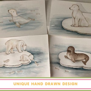 May include: Four watercolor illustrations of arctic animals on ice floes. A polar bear and cub, a walrus, a polar bear, and a seal are depicted in a whimsical style.