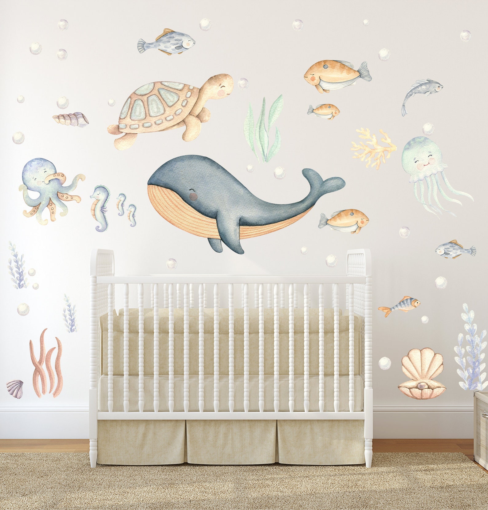 Watercolor Ocean Animals Wall Decal Kids Nautical Wall Etsy