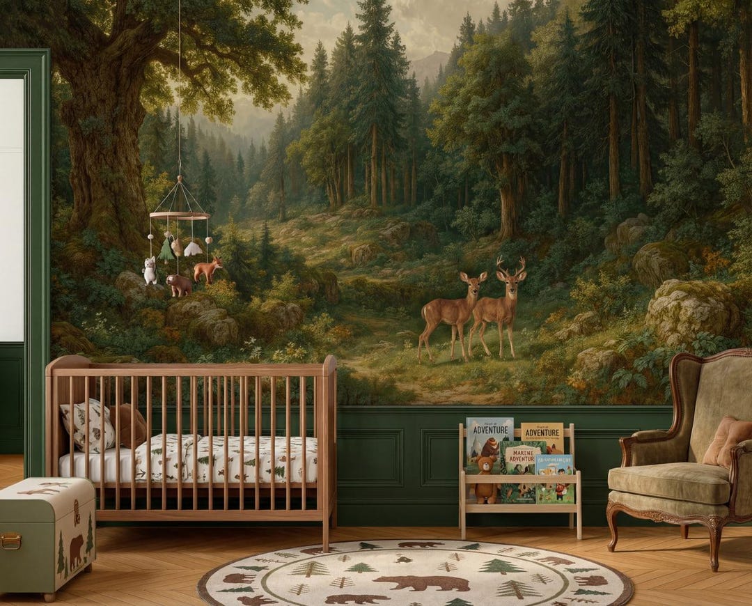 Woodland Nursery Wallpaper With Deer, Forest Peel and Stick Wall Mural ...